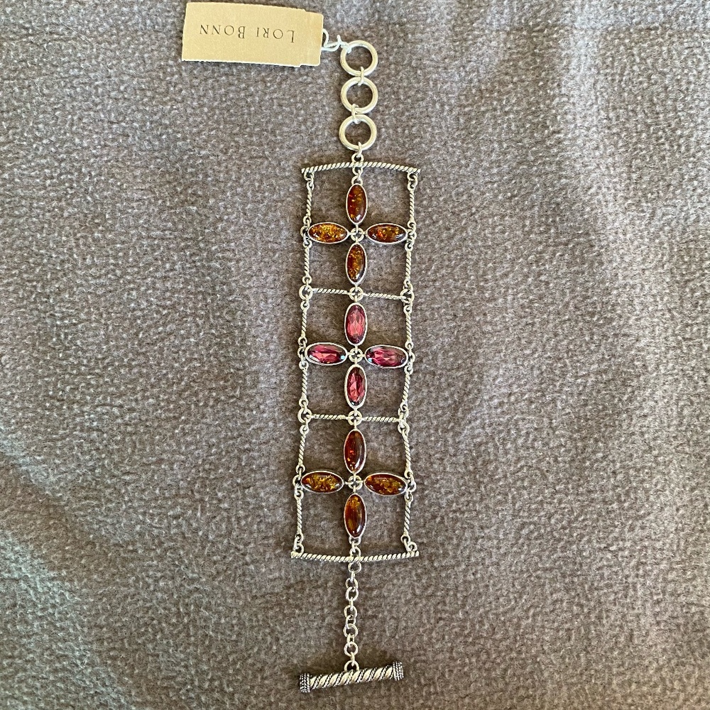 Lori Bonn Amber, Raspberry Topaz Oval flowers with Twisted Bar Link Bracelet